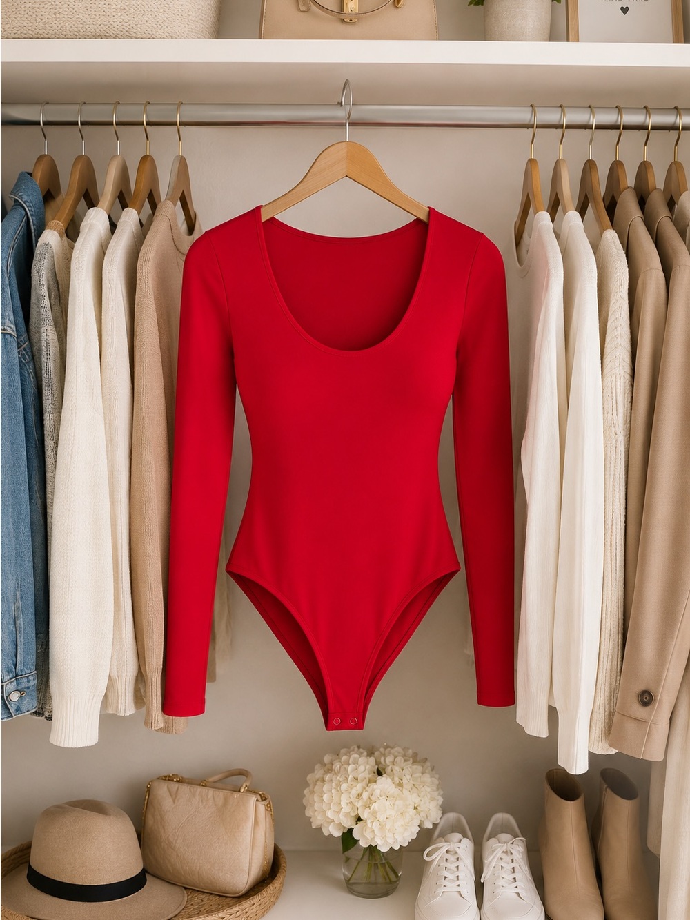 Classic Red Long-Sleeve Scoop Neck Bodysuit